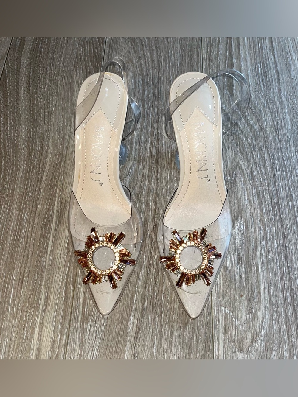 Clear Slingback Pointed Heels with Rose Gold Sunburst Embellishment